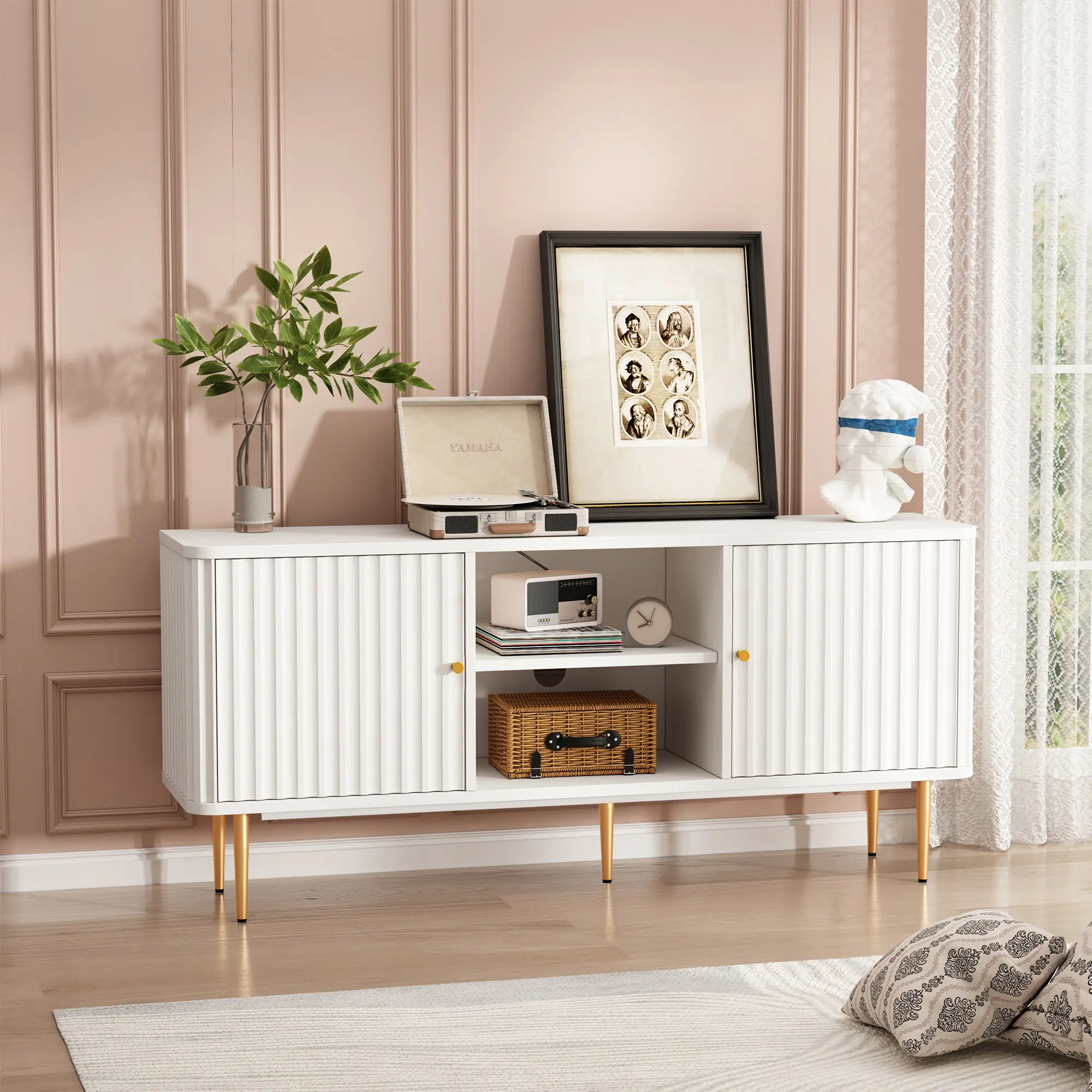[SummerVibes] HLR Mid - Century Modern TV Stand for Home Lovers - 55" Fluted Media Console with Ample Storage, Sturdy Structure, Retro & Modern Style, Perfect for Living Room & Bedroom
