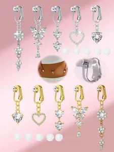 Non-Piercing Cubic Zirconia Fake Belly Piercing Jewelry, Silicone Pain-Relief Pad, Clip-On Umbilical Navel Fake Piercing, Women's Versatile Party Nightclub Accessory, Sparkling Stones, Cz Embellishment