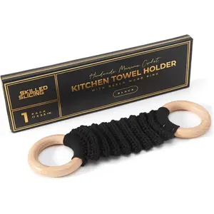 Handmade Crochet Dish Towel Holder for Kitchen & Bathroom, Decorative Boho Macrame Kitchen Towel Hanger Loop Ring Makes a   for Birthday Thanksgiving Day 11 Inches (Black)