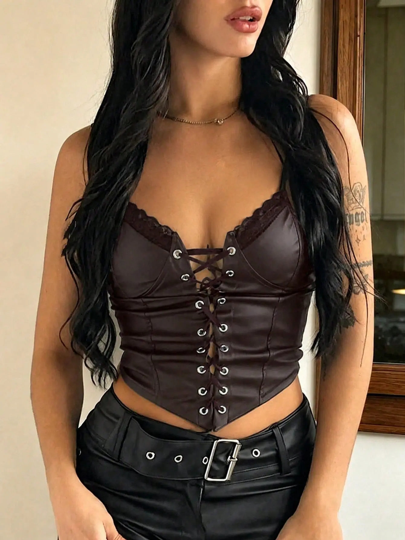 Women’s Vintage PU Leather Corset Crop Top - V-Neck Metal Eyelet Lace-Up EDM Festival Halloween Top,lace up leather top, metal eyelet corset, V neck bustier top, EDM festival top women