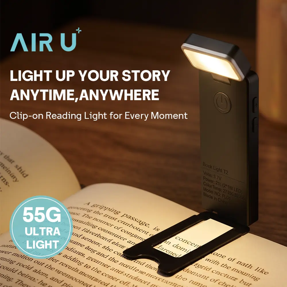 AIR U USB Rechargeable Clip-on Reading Light for Bedside Night Reading and Kids Study, 3 Amber Light Modes 5 Brightness Levels Eye-Care Portable LED Book Light for Tent Travel Bookmark Use, Black