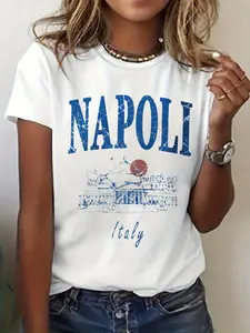 Italy Napoli City Naples Aesthetic Graphic Print T-shirt, Short Sleeve Crew Neck Casual for Summer & Spring, Women's Clothing