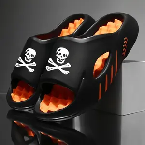 Soft Massage Sole Men's Casual Open Toe Slippers, Breathable Non-slip EVA, Comfortable Skull Print, Indoor Home Bathroom Gym Footwear Shoe