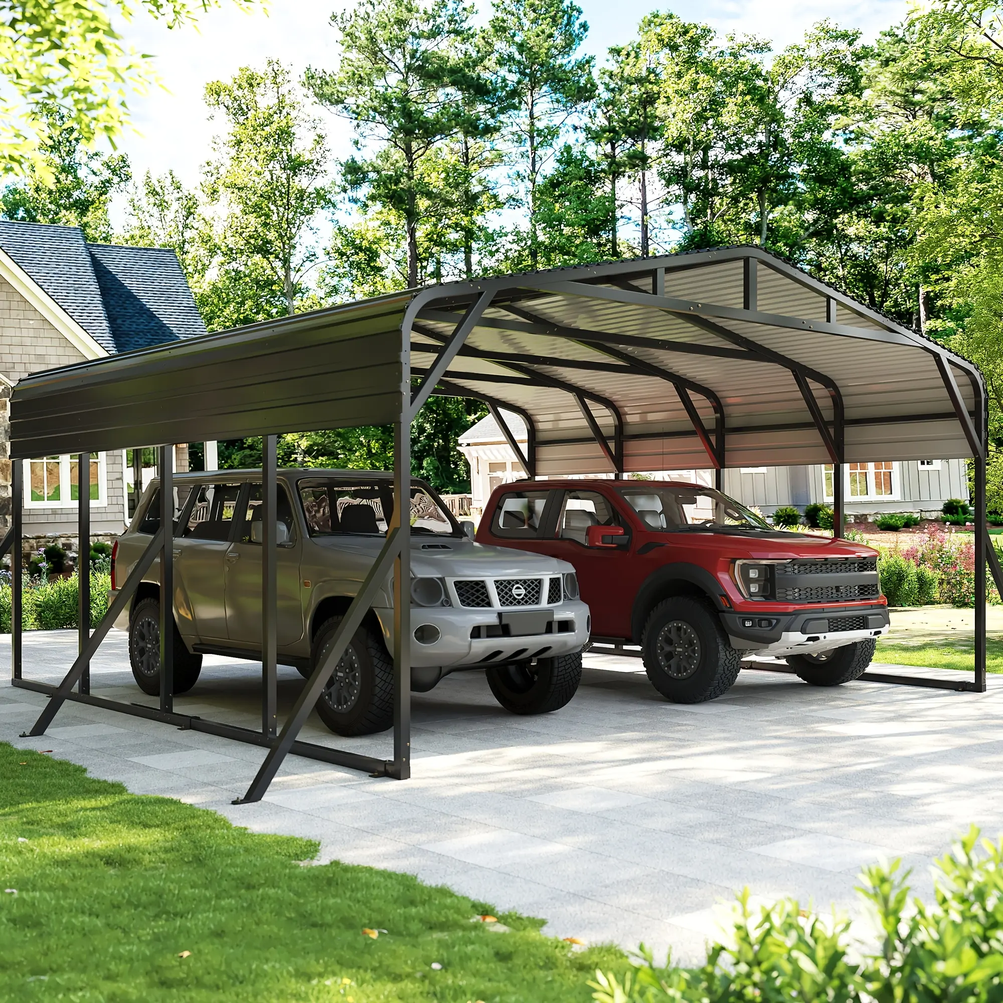 20'X20' Heavy Duty Carport Canopy for 2 Cars, Metal Car Port Garage with Galvanized Steel Roof And Reinforced Stable Triangle Frame Base, Large Car Tent Shelter for Car, Pickup, Tractor, Boat