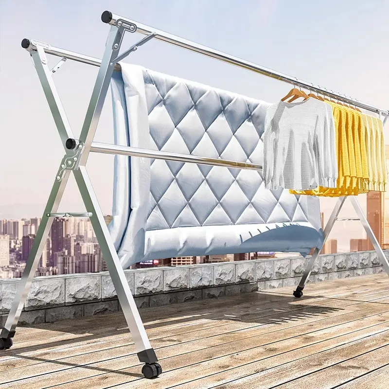 Clothes Drying Rack Clothing Folding Indoor Outdoor, Heavy Duty Stainless Steel Laundry Drying Rack, Foldable Portable Garment Rack with 30 Windproof Hooks