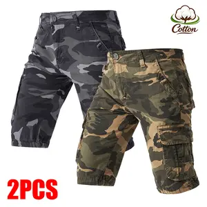 2-Pack Men's Cotton Cargo Shorts Camouflage Print Multi Flap Pockets Relaxed Fit Button Fly Casual Outdoor Workwear Summer Shorts for Men