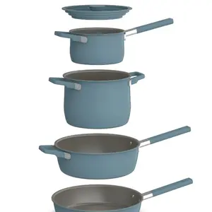 bella 9 Piece StoreMore Cookware Set, Fits-anywhere Kitchenware w EverGood Ceramic Nonstick Coating​, Dishwasher & Oven Safe, All Stovetops Compatible, Stackable Design, Cool Touch Handles,surf carbon  steel  pan