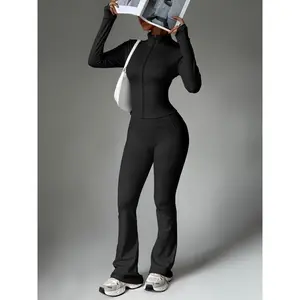 Women's Solid Color Zipper Jacket & Pocket Flare Pants Set, Sweatsuit Set, Perfect for Yoga Gym Outdoor Sports, Comfortable Breathable Autumn Winter