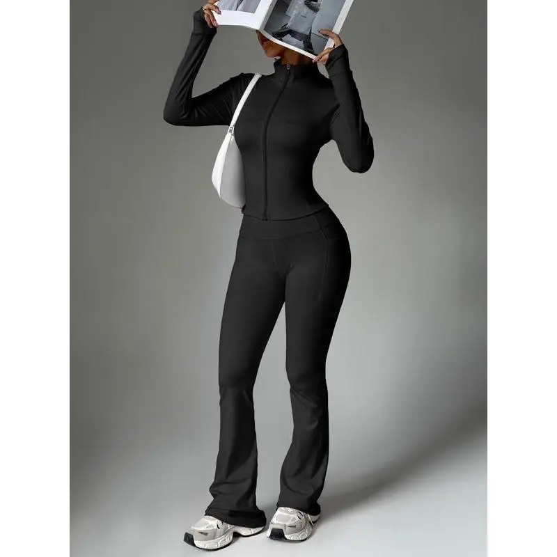 Women's Solid Color Zipper Jacket & Pocket Flare Pants Set, Sweatsuit Set, Perfect for Yoga Gym Outdoor Sports, Comfortable Breathable Autumn Winter Women's Solid Color Zipper Jacket & Pocket Flare Pants Set, Sweatsuit Set, Perfect for Yoga Gym Outdoor Sports, Comfortable Breathable Autumn Winter