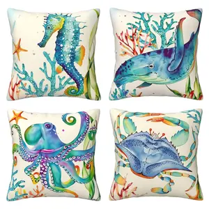 Summer Pillow Set, Outdoor Coastal Navigation Style Waterproof Pillow, Beach Pillow, Beach Theme Room Decoration Beautification Terrace Furniture and Porches, 4-piece Set with Double sided Printing