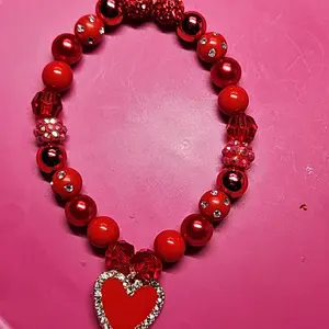 Red Bead Rhinestone Bracelet with Heart Charm - Fashion Jewelry