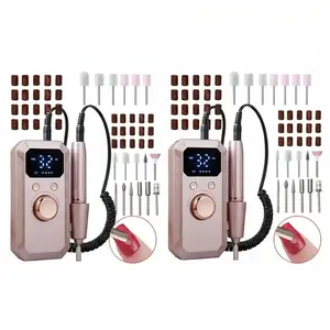 Wireless Electric Nail Drill 2-Set Bundle, Pink Portable Manicure Tools with LED Display, 32 Speed Settings, USB Rechargeable, Multiple Grinding Heads Included, Manicure Kit