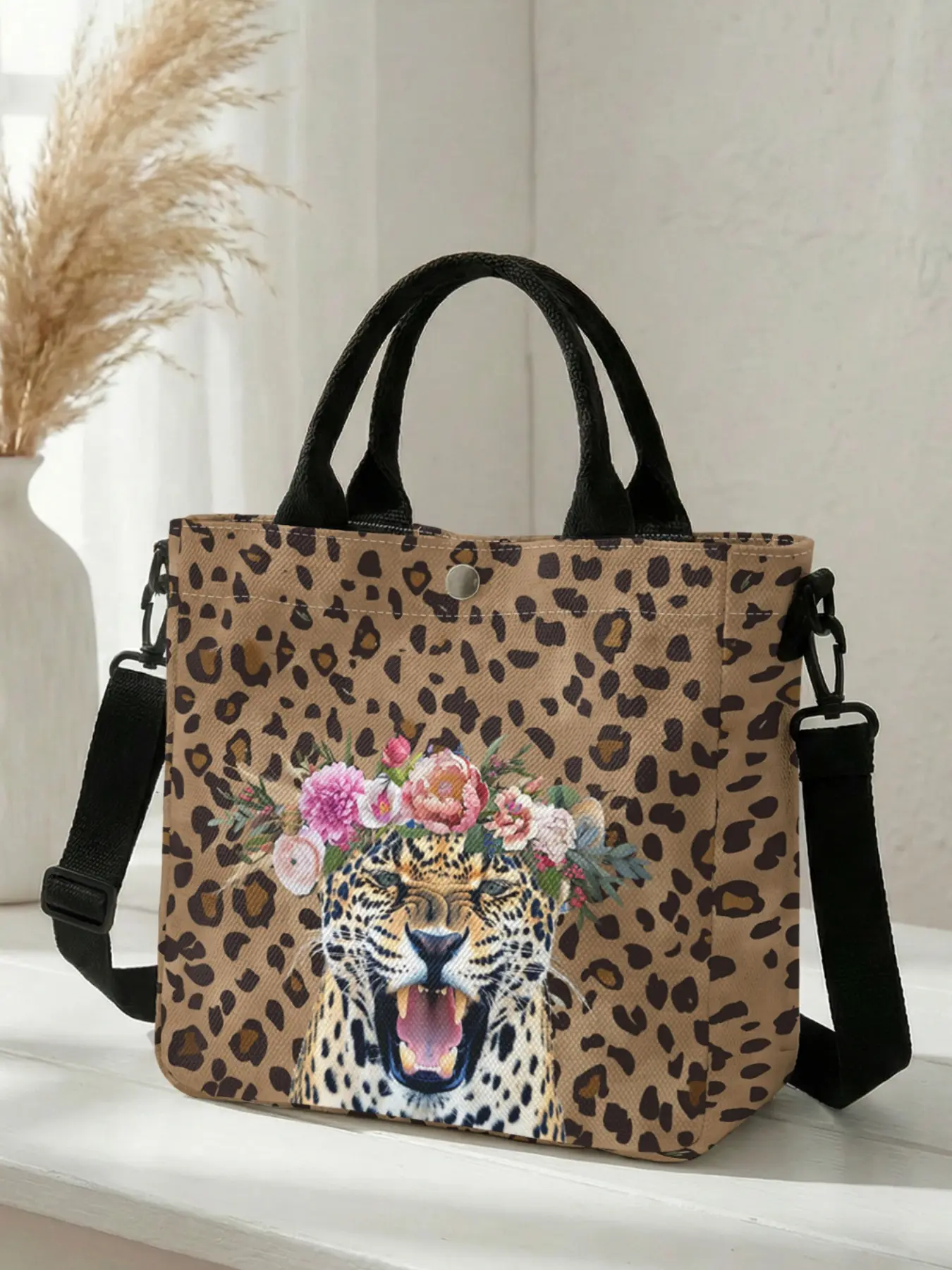 1 piece of leopard head floral pattern 2D printed fashionable crossbody bag, adjustable shoulder strap + snap closure | students/workforce/street outings | a street essential with both aesthetic appeal and practicality
