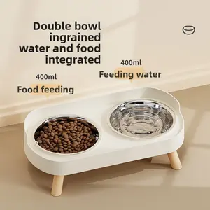 Stainless Steel Dog Bowl Cat Bowl Dual Bowls Anti-Tip Neck Protection High Feet Elevated Slow Feeder Drinking Dish Pet Supplies