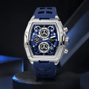 BOZLUN Men's Quartz Watch, Tonneau Case Skeleton Dial with Decorative Gear Design, Chronograph, Silicone Band, Luminous Hands, Calendar, 3ATM Splash Resistant, for Sport and Casual Style