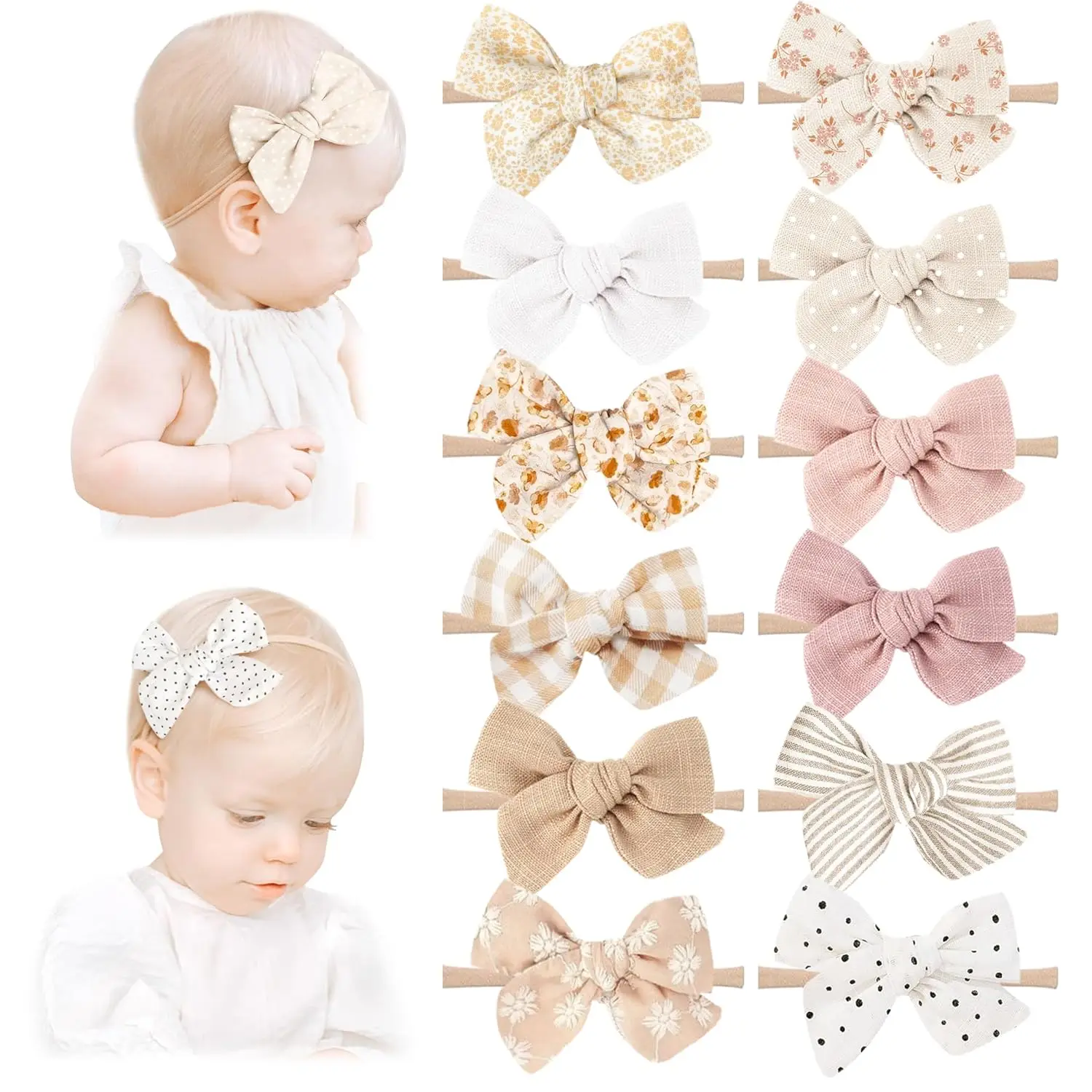 L-HDW009  Handmade Hair Accessories: 12 Packs of Stretchy Nylon Headbands and Bows for Newborns, Infants, Toddler Girls
