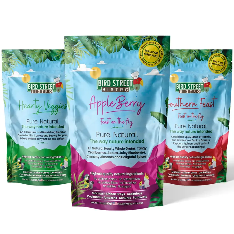Bird Street Bistro The Tri-Pack Sampler Parrot Food for Parakeets Budgies Cockatiels Conures African Greys Cockatoos Eclectus Amazons Macaws 5oz Each Hearty Veggies Southern Feast AppleBerry