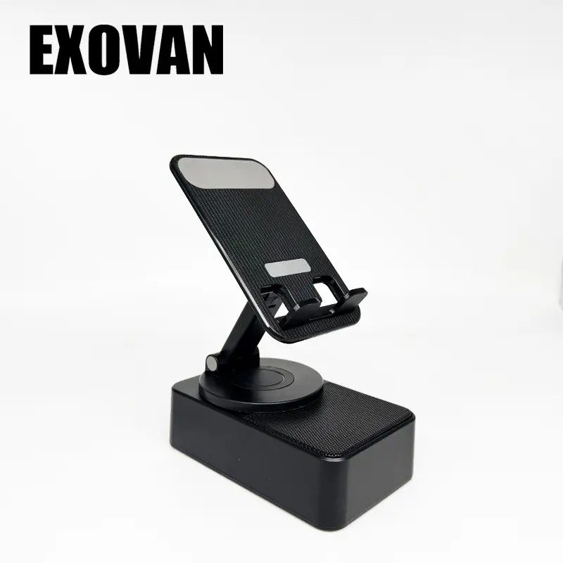EXOVAN Wireless Bluetooth Speaker 5-in-1 Portable Gadget - Compact Rechargeable Sound Upgrade Device with Multi-Device Compatibility, Phone/Tablet Holder, 300° Foldable Stand, Colorful Ambient LED Nightlight, Gift for Men (Black), Bluetooth Speakers
