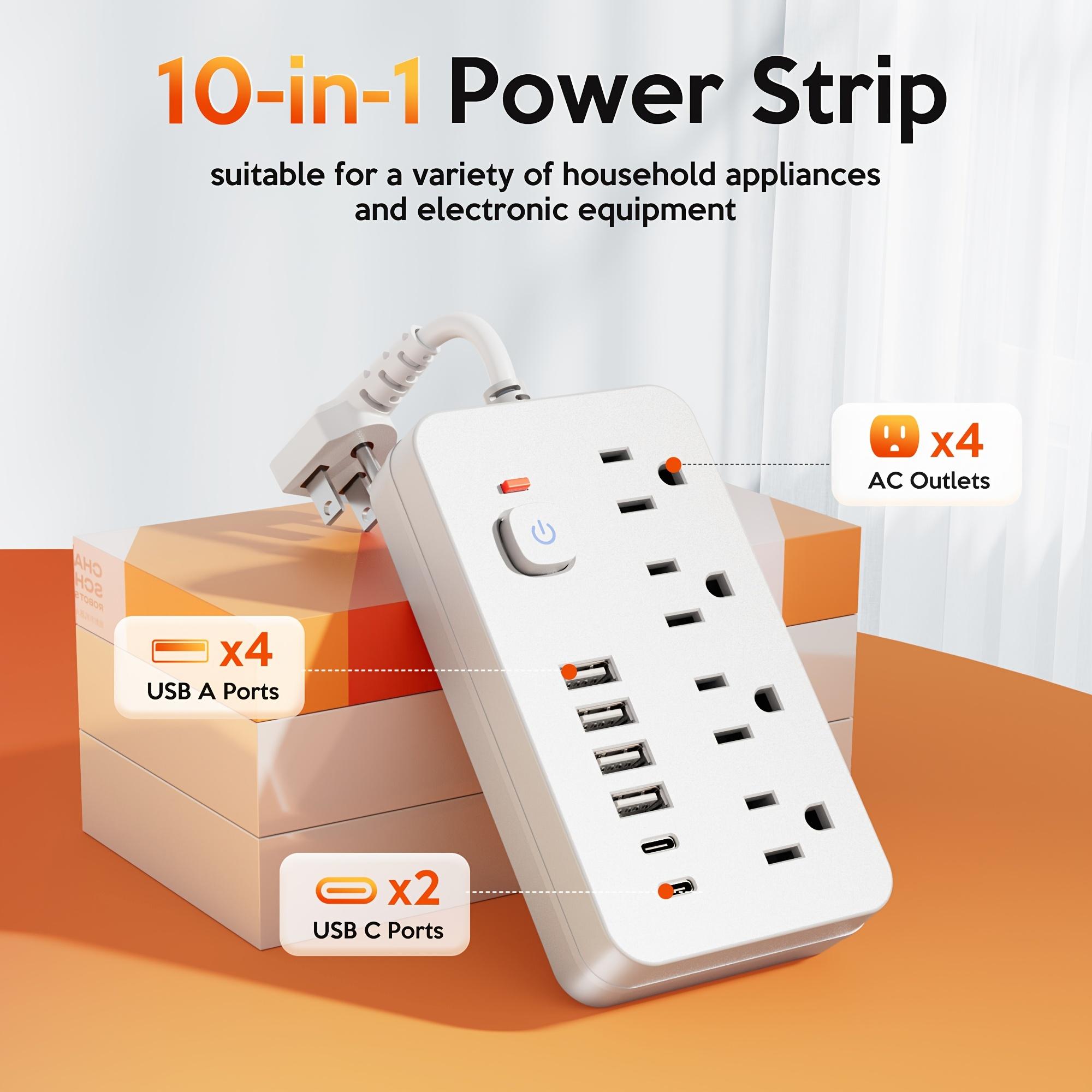 10-in-1 Power Strip - With Overload Protection And One-touch Control Switch. 4 Spacious AC Power Outlets And 6 USB Ports (including 2 TYPE-C Ports) Short-cord Design, Wall Mountable. Ideal For Office, Den, Home And School Environments.