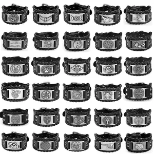 Hot-selling Nordic wide leather Viking leather bracelet, Celtic wolf head men’s bracelet, punk cross-border leather cuff.