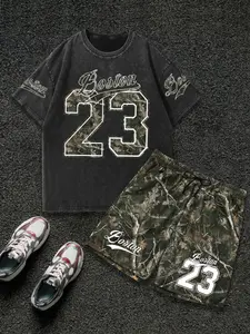 Men's Camo Print Shortsleeve Graphic Tee & Shorts Two-piece Set, Regular Fit Casual Round Neck T-shirt & Shorts, Men's Summer Clothes Set for Outdoor, Cotton