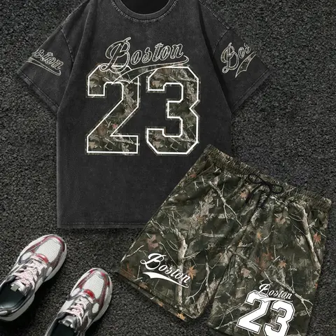 Men's Camo Print Shortsleeve Graphic Tee & Shorts Two-piece Set, Regular Fit Casual Round Neck T-shirt & Shorts, Men's Summer Clothes Set for Outdoor, Summer Outfits Set, Cotton