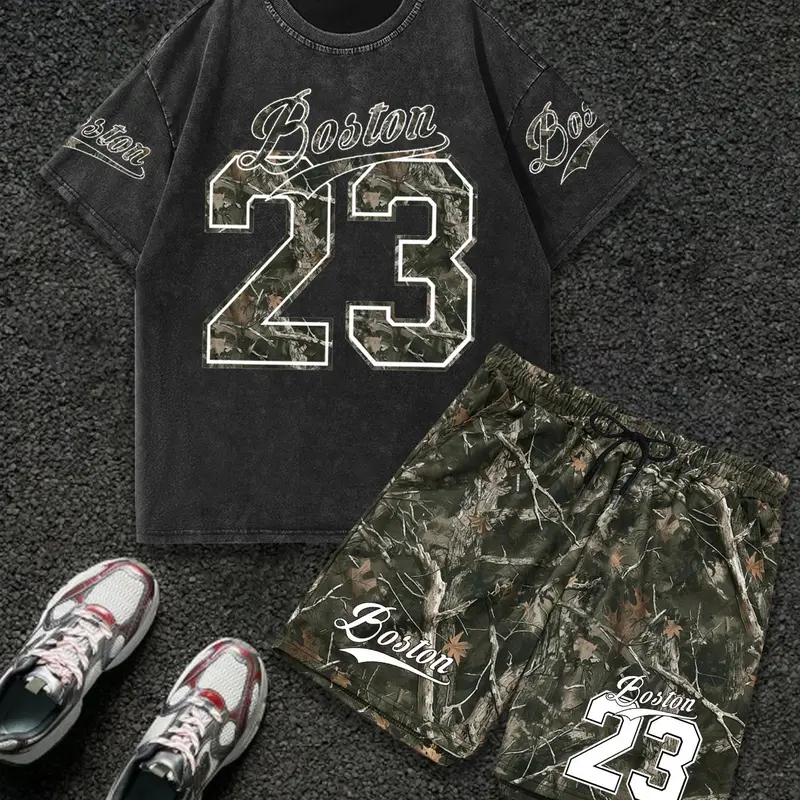 Men's Camo Print Shortsleeve Graphic Tee & Shorts Two-piece Set, Regular Fit Casual Round Neck T-shirt & Shorts, Men's Summer Clothes Set for Outdoor, Summer Outfits Set, Cotton