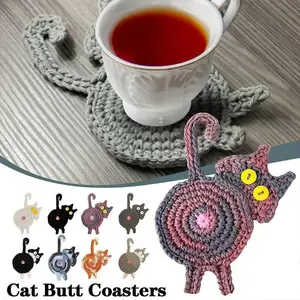 Funny Cat Butt Coaster Handmade Crochet Cat Coaster Non-Slip Heat Insulation Mug Pad Cute Kitchen Accessories For Cat Lovers Home Table Decor