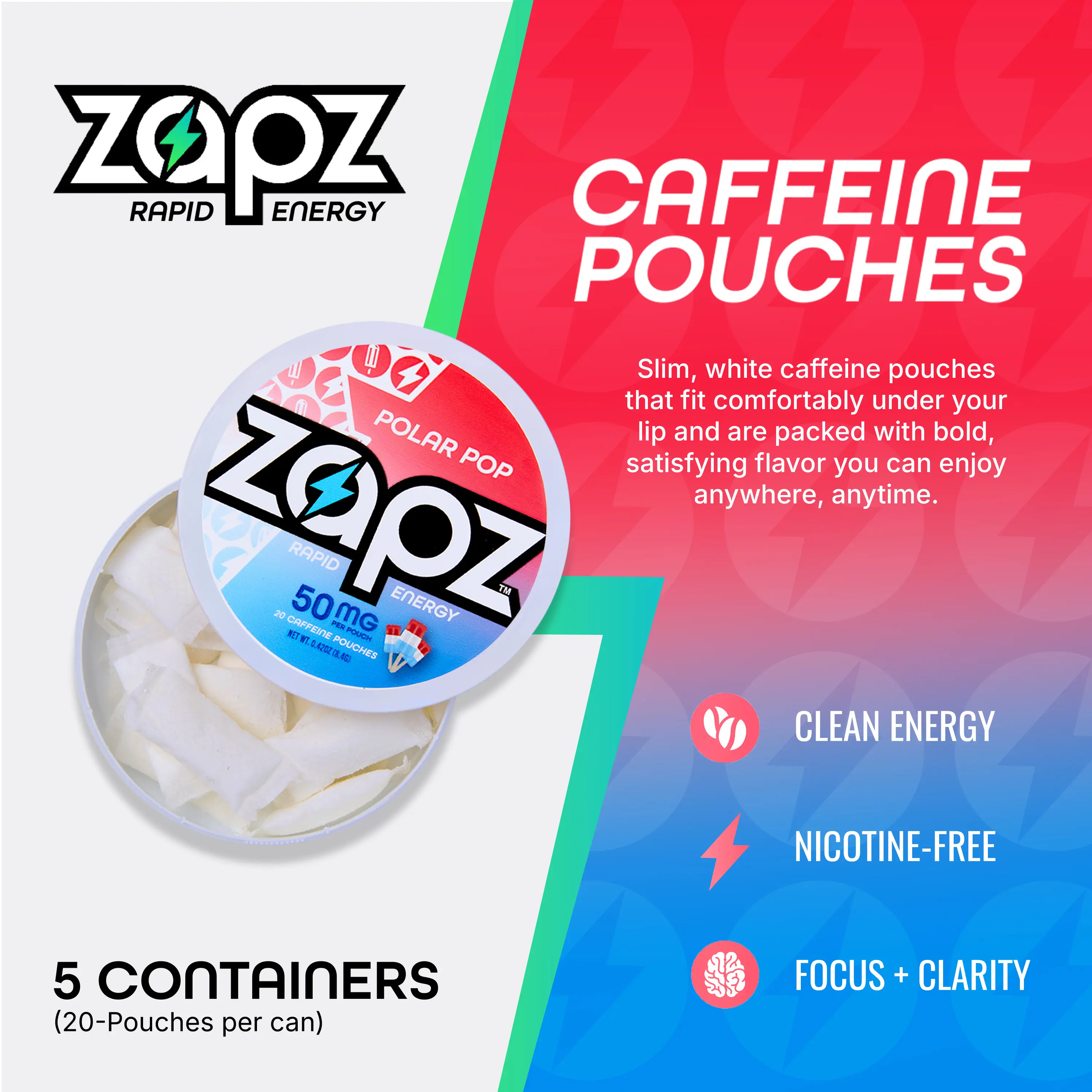 ZAPZ Caffeine Pouches, Polar Pop, 5 Cans x 20 Count, Energy