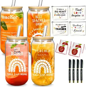 Gift for Teacher 18oz Can Shaped  Glass Cups for  Iced Coffee Mocha  Teacher Gifts  in Bulk Set of 4