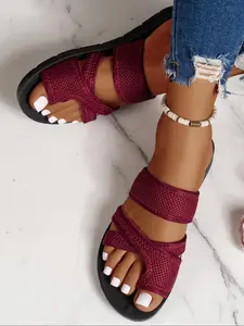 Women's Fashionable Hollow Out Design Burgundy Color Slip on Sandals, Casual Comfortable Summer Flat Sandals for Beach, All-match Commuter Shoes for Work & Daily Wear, Boho Style Strappy Sandals, Walking Shoes