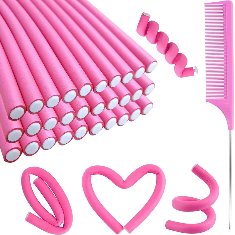 30PCS 9.45" Flexi Rods Curlers Set for Short and Long Hair, No Heat Foam Rollers with Steel Comb.