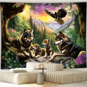 Extra Large Realistic Eagle and Wolf Landscape Tapestry, Wall Tapestries, High-Quality Polyester Wall Art for Living Room or Bedroom Decoration, Includes Free Hanging Clips, Durable Animal Print for Party Decor