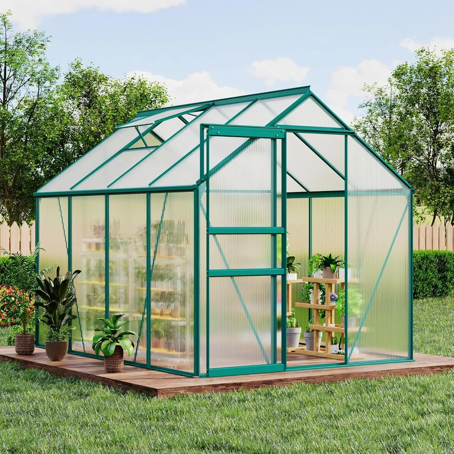 Garvee 6X8 FT Greenhouse for Outdoors, Polycarbonate Greenhouse with Roof Vent, Sliding Door, Aluminum Frame, Aluminum Large Walk-in Green House for Outside Garden Backyard, Patio, Lawn, Green