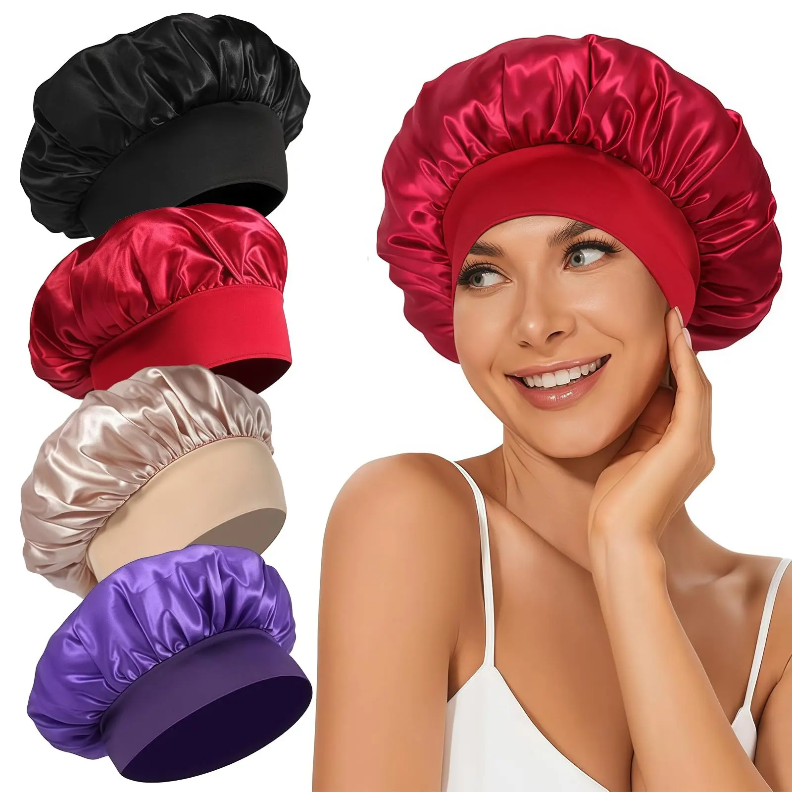 Satin Sleep Bonnet, sleeping bonnet, Wide Brim High Elasticity Hair Care Cap, Soft Silky Night Hat for Face Washing, Skincare & Nighttime Use, Adjustable Satin Bonnet, Bonnets for sleeping