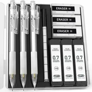 Four Candies Cute Mechanical Pencil Set with Case - 3PCS Pencils 0.7mm with 180PCS HB Lead Refills, 3PCS Erasers, 9PCS Eraser Refills, White Clear Mechanical Pencil for Students Drawing, Writing