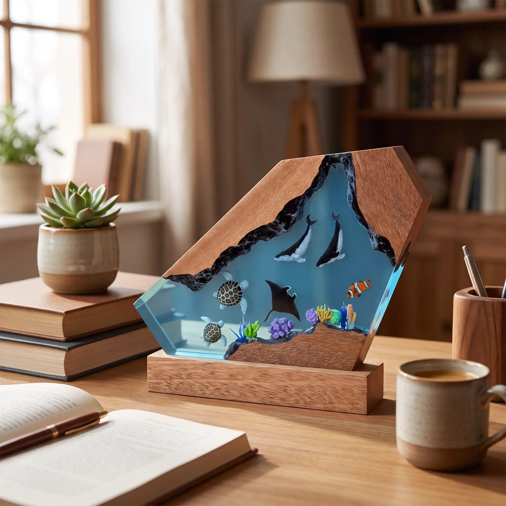 Handcrafted Epoxy Resin Wood Ocean Night Light Sea Turtle Manta Ray Table Lamp Marine Life Underwater Scene Desktop Ornament Aesthetic Room Decor Unique Gift
