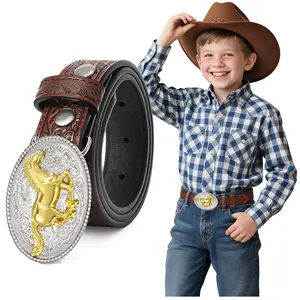 Kids Western  for Boys Girls, Embossed Genuine Leather Cowboy Cowgirl  for Jeans Pant Dresses Western Embossed Leather  coral belt