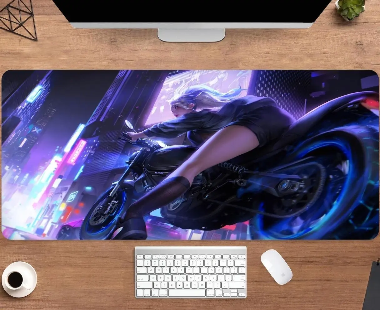 Cyberpunk Biker Girl Desk Mat | Cyberpunk Neon City Mouse Pad | Large Desk Pad | Gamer Desk Decor Vexora Designs