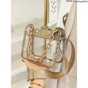 Clear Transparent PVC Crossbody Bag, Retro Saddle Purse with Diamond Chain Strap