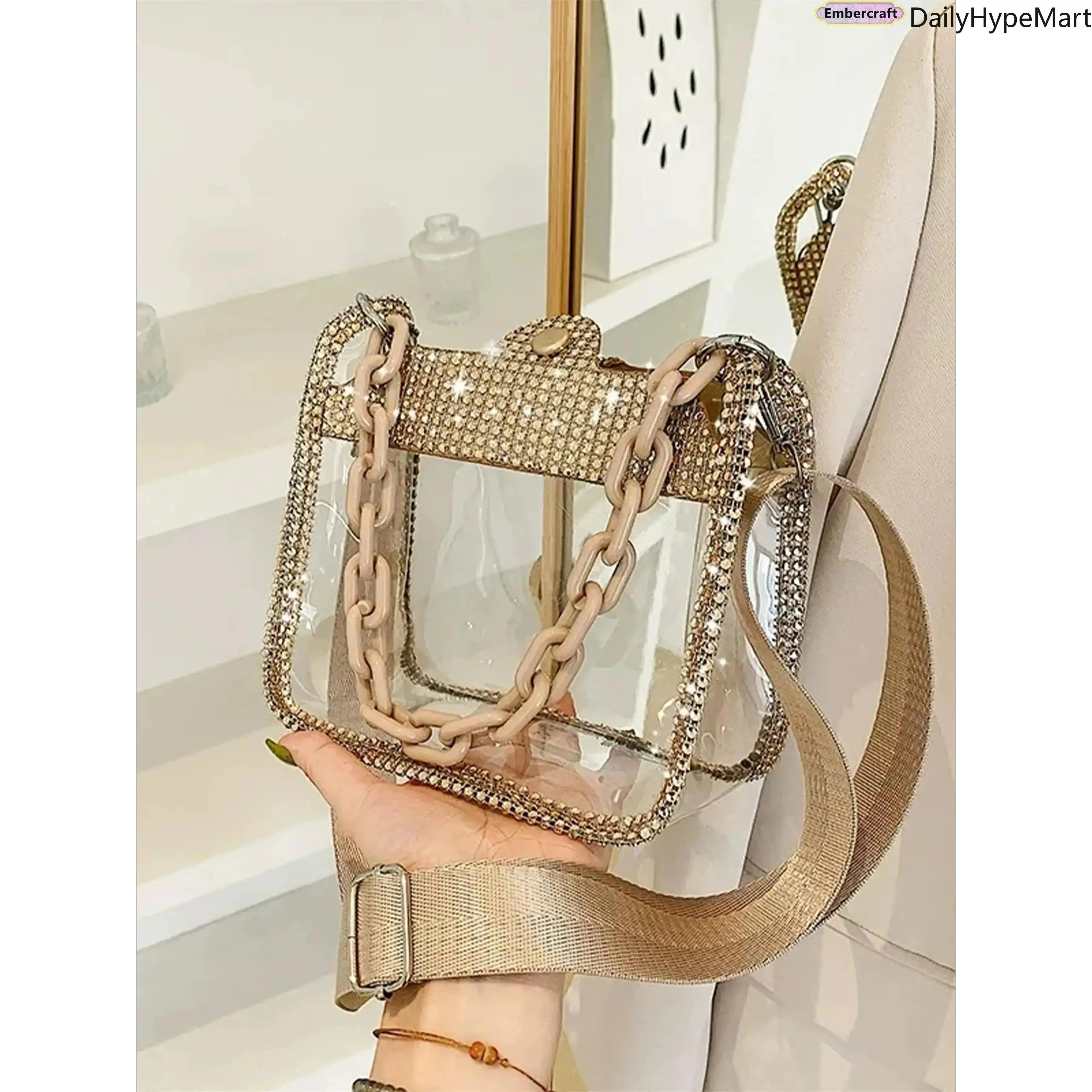 Clear PVC Crossbody Saddle Bag, Diamond Chain Strap Mini Purse Clear PVC Crossbody Saddle Bag, Diamond Chain Strap Mini Purse
