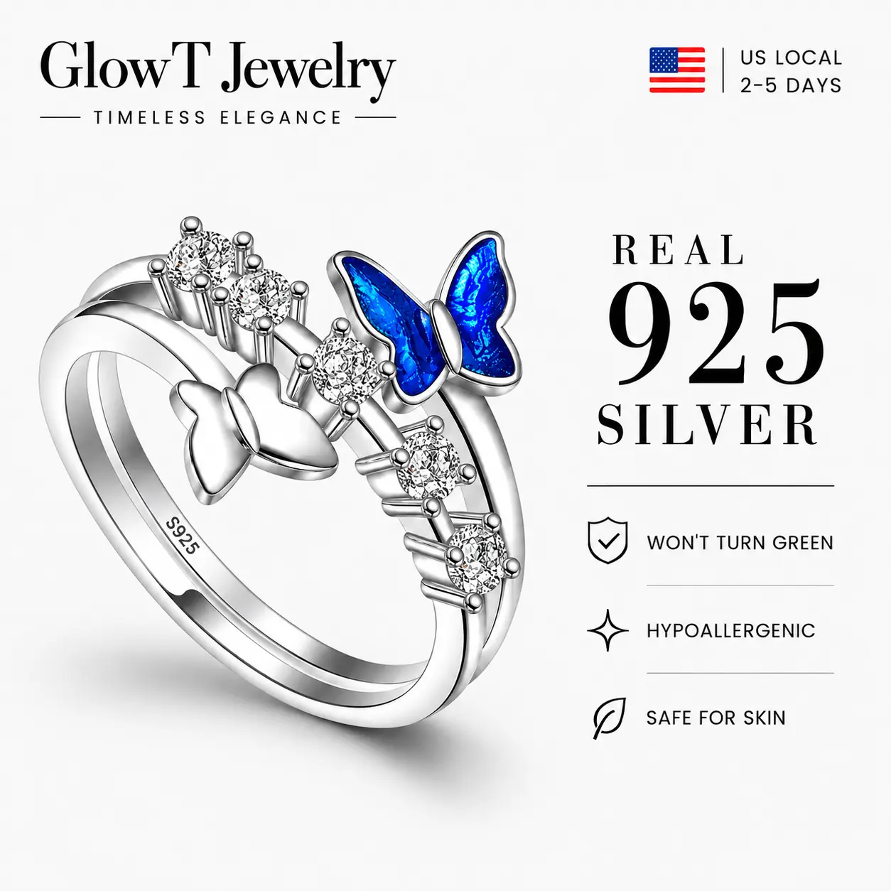 925 sterling silver Romantic Gothic Blue Butterfly Ring with Sparkling Crystal Accents Sculptural Silver Tone Statement Jewelry for Dreamy Fairycore Looks Vintage Inspired Outfits Date Nights Concert Styling and Everyday Wear for Women Teens and Gift Love