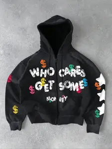 Tiktok Trendy Oversized Hoodie, Vintage Cotton Blend, Colorful Money Star Graphic Print, Casual Fitted Zip-Up Sweatshirt for All Seasons