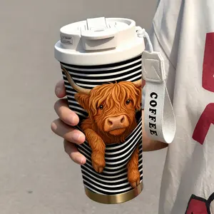 1pc/18oz Highland Cow Striped Insulated Travel Mug with Strap, Stainless Steel Thermal Coffee Cup Keeps Hot 6-12H Cold 12-24H, Portable Reusable Flask for Commuting, Walking & Office, Cute Gift for Women, Girls & Animal Lovers