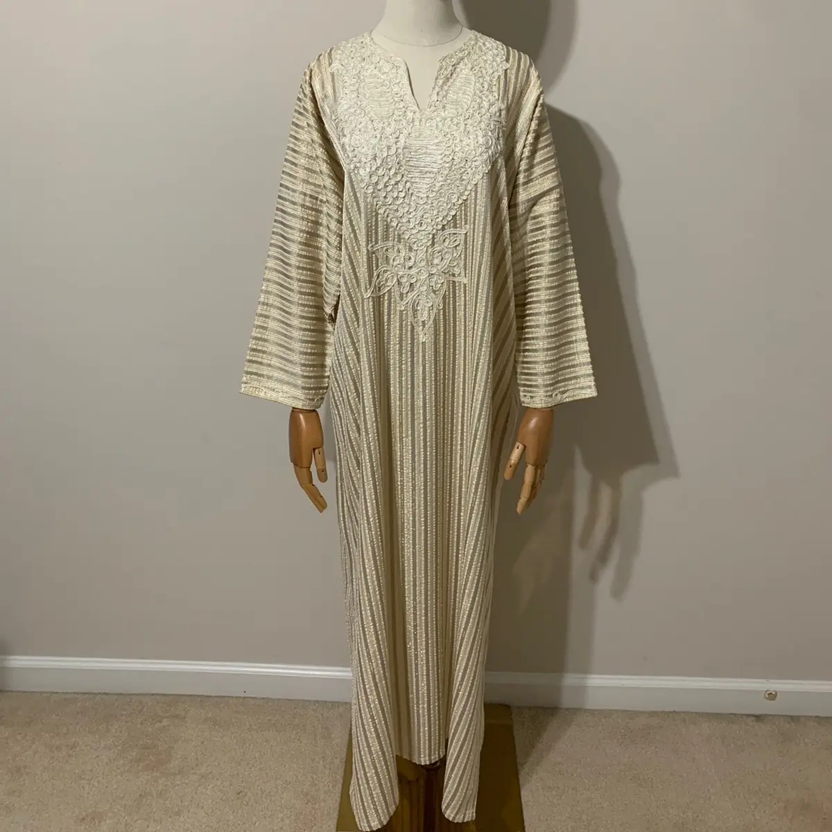 White, Grey, Creme, and Gold Striped Embroidered Arab Traditional Dress / Abaya