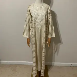 White, Grey, Creme, and Gold Striped Embroidered Arab Traditional Dress / Abaya