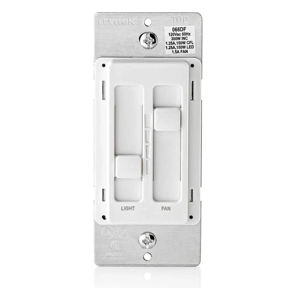 SureSlide Wall Mount Ceiling Fan Control and Dimmer Switch for LED, CFL and Incandescent Bulbs, Model 66DF-10W, White - Ideal for Kitchens, Living Rooms, Bedrooms, Sunrooms, 300W Incandescent/Halogen