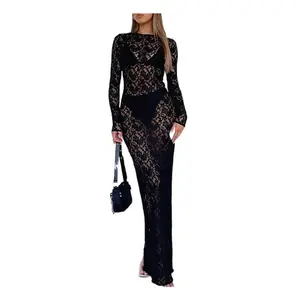 Women's Elegant Slim Long Maxi Dress - ZQ Brand Hollow Lace Perspective Sexy Formal Dress with Long Sleeve, Round Neck, Stylish Clothes