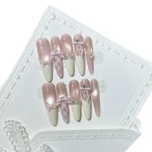 Hailey's long almond shape ballerina cateye french tips luxury acrylic handmade press on nails A25