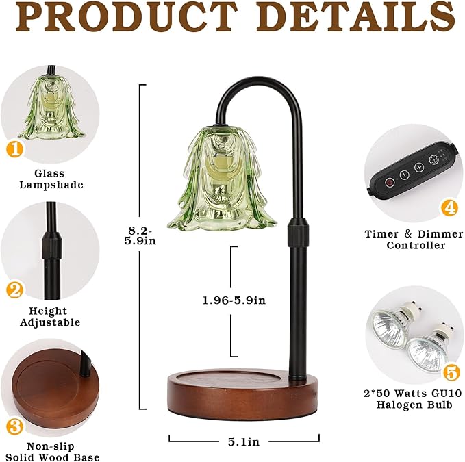 Dimmable Candle Warmer Lamp with Timer, Adjustable Height, 2 Bulbs - Wax Melt Warmer for Scented Wax and Jar Candles, Home Bedroom Decor